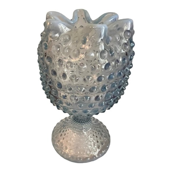 Vtg DUNCAN MILLER Blue Opalescent Glass Footed Vase hobnail 6.5" - Picture 3 of 6